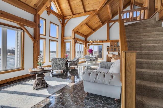 living area with stairs, wooden ceiling, baseboards, beamed ceiling, and a notable chandelier
