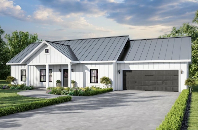 modern farmhouse style home with a standing seam roof, metal roof, board and batten siding, and concrete driveway