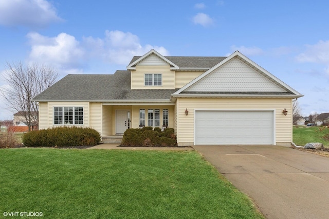 traditional-style home with an attached garage, driveway, a shingled roof, and a front yard