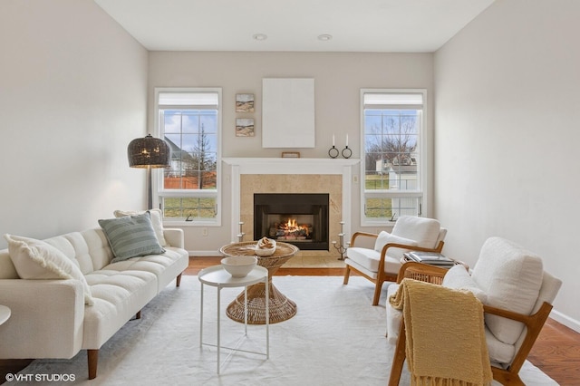 living room featuring a fireplace, baseboards, a wealth of natural light, and wood finished floors