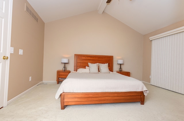 bedroom with vaulted ceiling with beams, ceiling fan, light colored carpet, visible vents, and baseboards