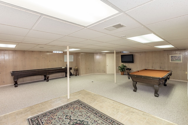 recreation room with pool table, visible vents, wooden walls, and carpet flooring