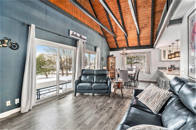 living room with high vaulted ceiling, beam ceiling, wood finished floors, and wood ceiling