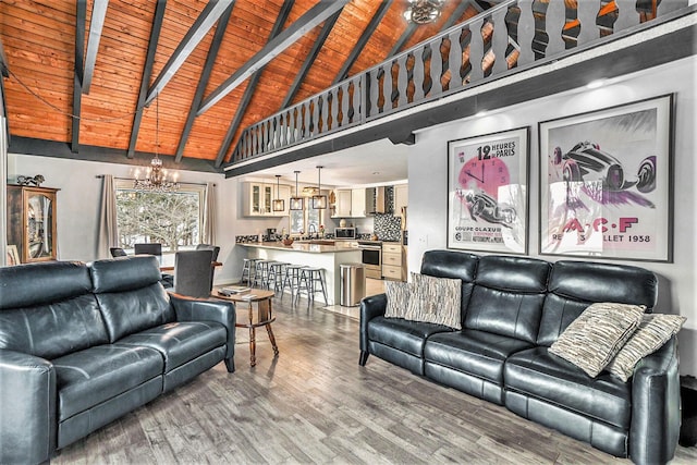 living room featuring a chandelier, wooden ceiling, wood finished floors, high vaulted ceiling, and beam ceiling