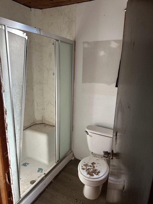 bathroom with toilet, a shower stall, and wood finished floors