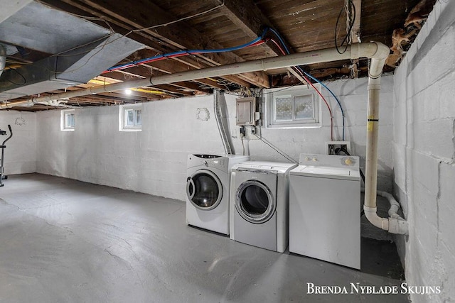 laundry room featuring laundry area, electric panel, and washer and dryer