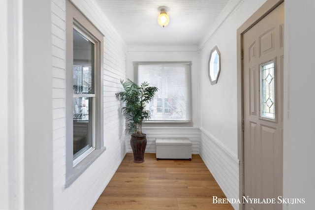 entryway with ornamental molding, wainscoting, wood finished floors, and a wealth of natural light