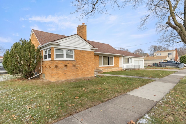 bungalow-style house featuring a garage, brick siding, a shingled roof, a front lawn, and a chimney