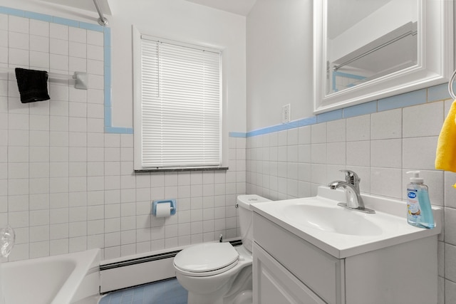 bathroom featuring bathtub / shower combination, toilet, a baseboard heating unit, vanity, and tile walls