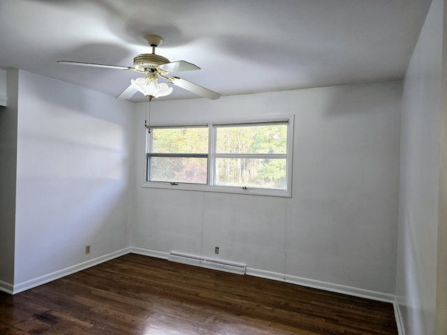 spare room featuring ceiling fan, dark wood finished floors, and baseboards