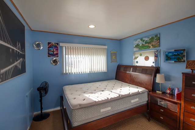 bedroom featuring baseboards, recessed lighting, and crown molding