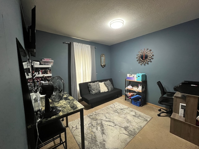 office space featuring carpet and a textured ceiling