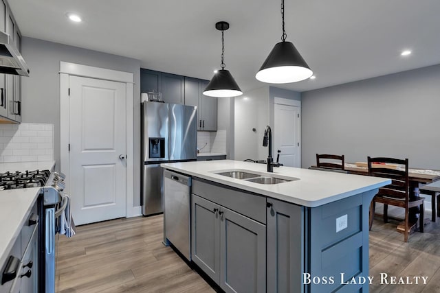 kitchen with light wood-style flooring, stainless steel appliances, a sink, wall chimney range hood, and gray cabinets