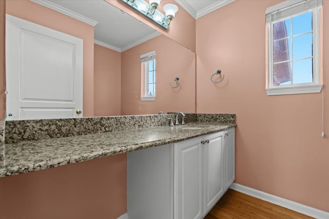 bathroom with ornamental molding, vanity, baseboards, and wood finished floors