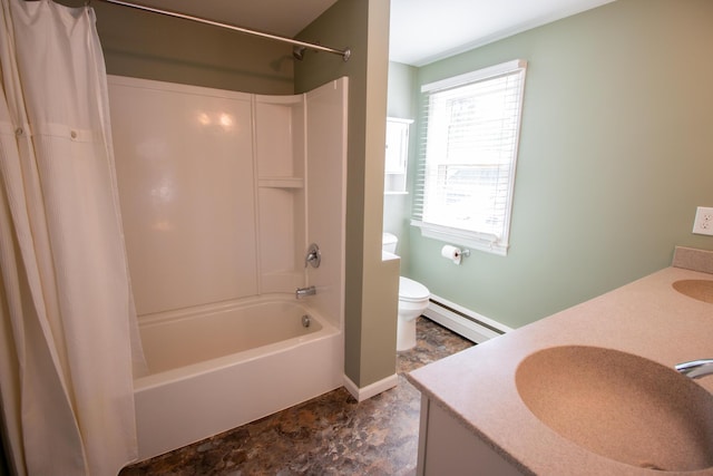 bathroom with toilet, a baseboard heating unit, a sink, double vanity, and shower / bath combination with curtain