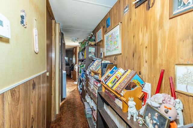 hallway with carpet floors, wooden walls, and wainscoting