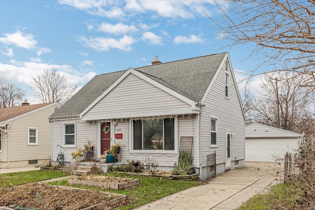 view of front of property with a shingled roof, an outdoor structure, a chimney, and a garage