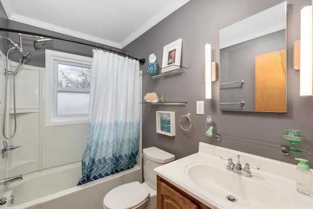 full bathroom with shower / tub combo, crown molding, vanity, and toilet