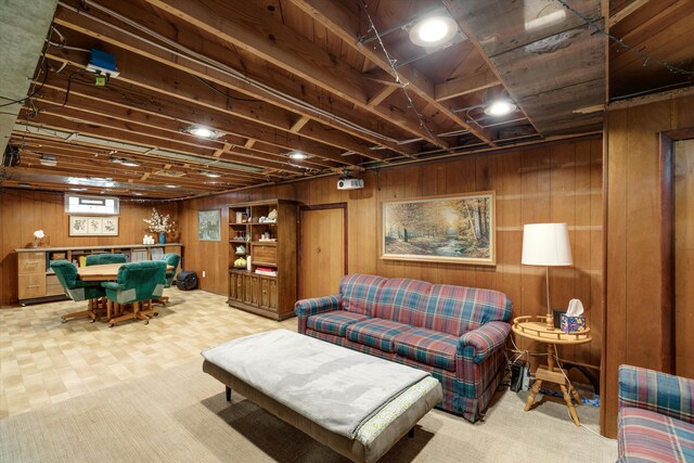 living room featuring wood walls