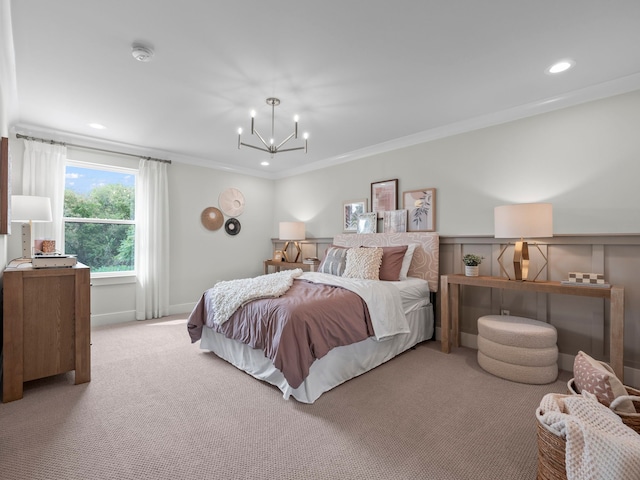 bedroom with a notable chandelier, recessed lighting, ornamental molding, light carpet, and baseboards