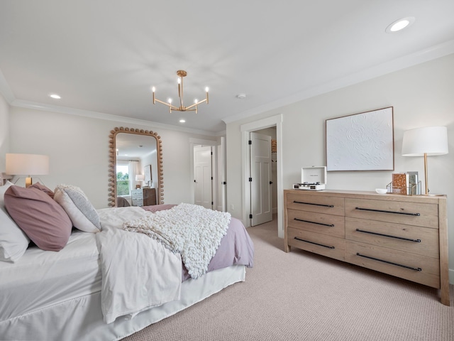 bedroom with arched walkways, ornamental molding, recessed lighting, and light colored carpet