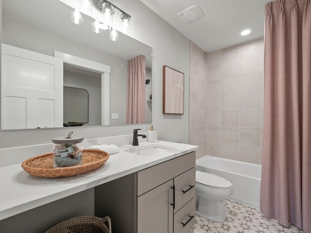 full bath featuring shower / bath combination with curtain, visible vents, toilet, vanity, and tile patterned floors