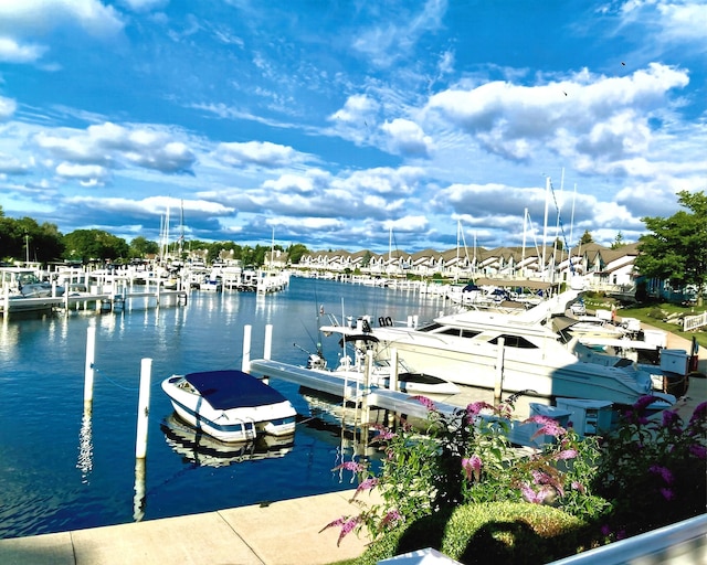 view of dock with a water view