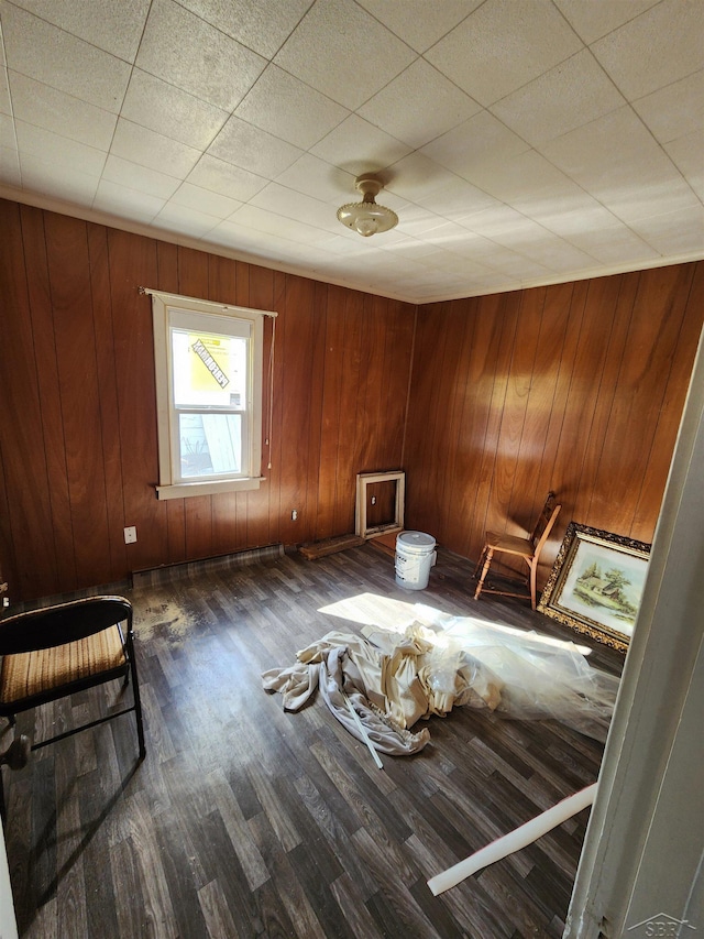 unfurnished room with wood finished floors and wooden walls