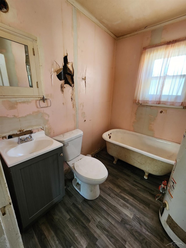 full bathroom with a freestanding tub, vanity, toilet, and wood finished floors