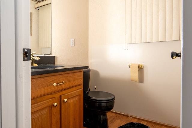 bathroom featuring vanity, toilet, and wood finished floors