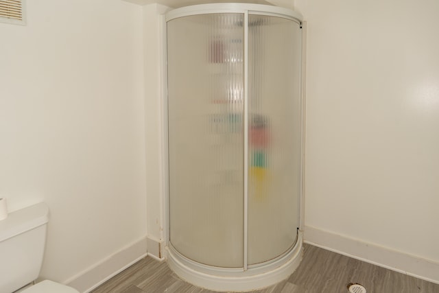 bathroom with wood finished floors and a shower stall