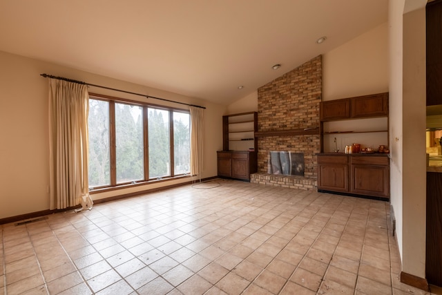 unfurnished living room featuring visible vents, baseboards, a brick fireplace, high vaulted ceiling, and light tile patterned flooring