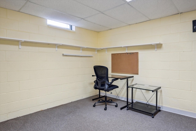 carpeted office space featuring a drop ceiling