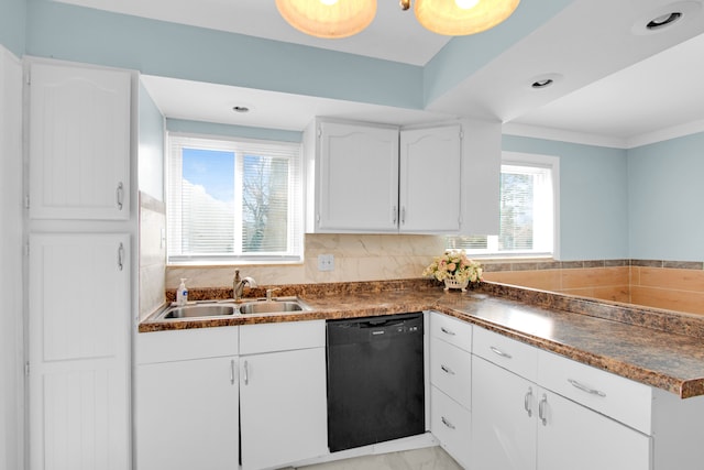 kitchen featuring white cabinetry, a sink, dishwasher, dark countertops, and marble finish floor