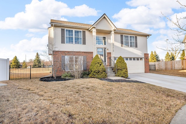 view of front facade featuring a garage, concrete driveway, fence, a front lawn, and brick siding