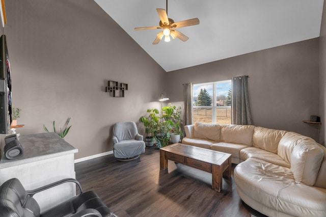 living room featuring high vaulted ceiling, dark wood-style floors, baseboards, and a ceiling fan