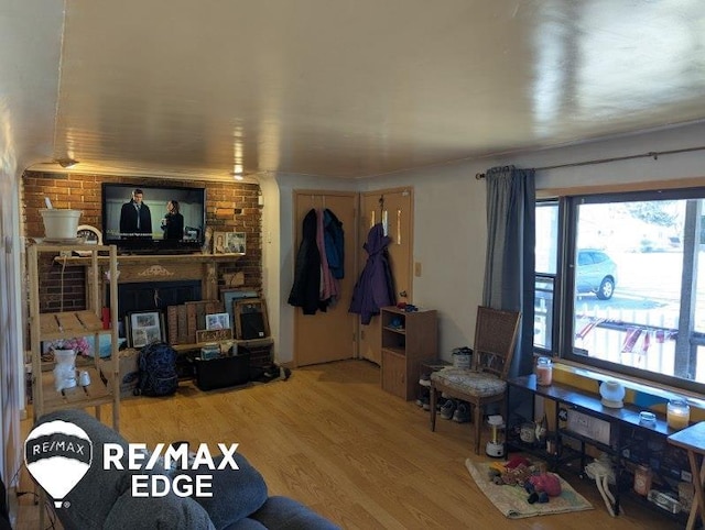 living room with a fireplace and wood finished floors