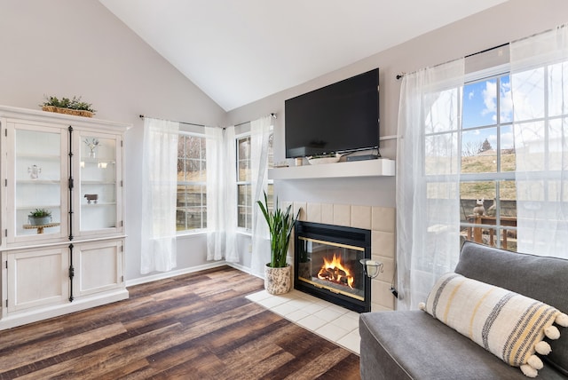 sitting room featuring vaulted ceiling, a fireplace, and wood finished floors