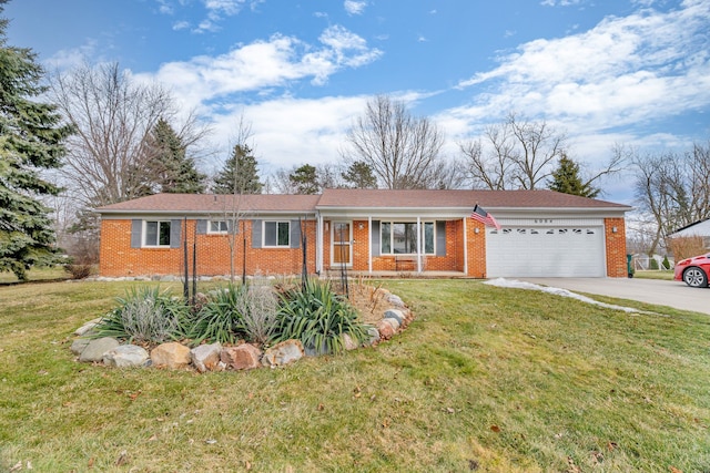 ranch-style house with a garage, driveway, brick siding, and a front yard