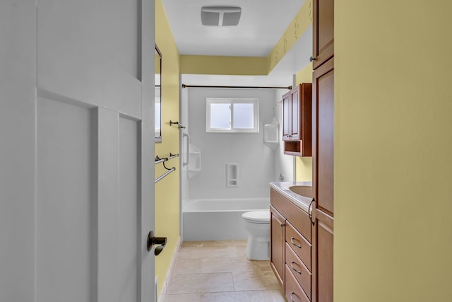 full bathroom with shower / bathing tub combination, vanity, and toilet