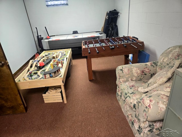 recreation room featuring carpet flooring and concrete block wall