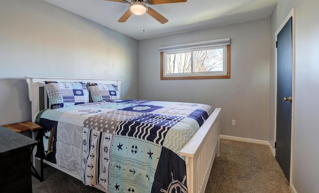 bedroom featuring carpet floors, a ceiling fan, and baseboards