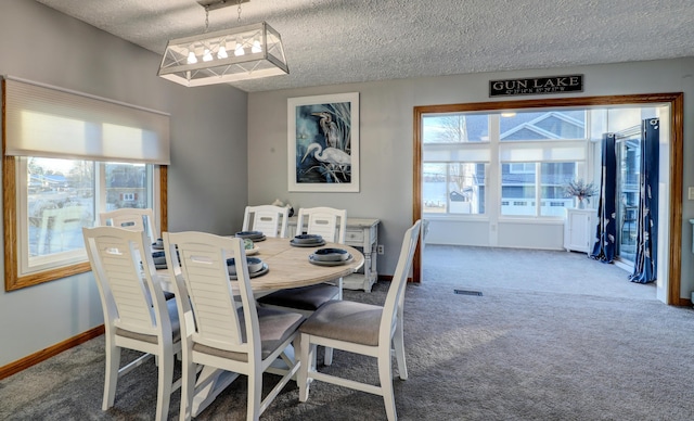 dining area featuring carpet floors, visible vents, a textured ceiling, and baseboards