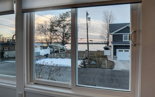 interior details with a water view