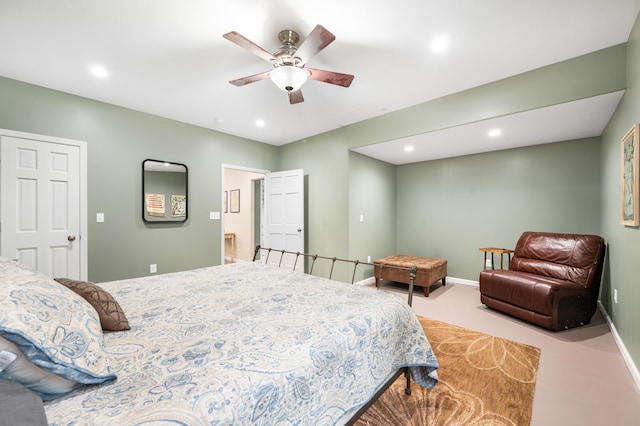 bedroom featuring recessed lighting, a ceiling fan, and baseboards