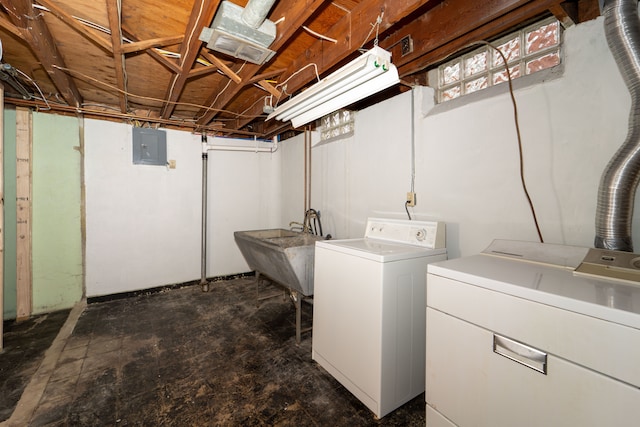 laundry room featuring a sink, laundry area, washing machine and clothes dryer, and electric panel