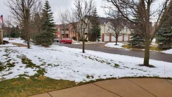 snowy yard with a garage and a residential view