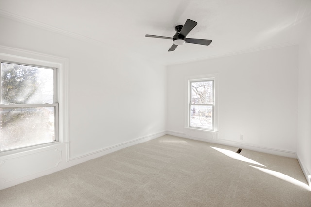 spare room featuring baseboards, ornamental molding, ceiling fan, and carpet flooring