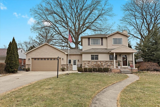 view of front of house with a garage, stone siding, a front lawn, and a chimney