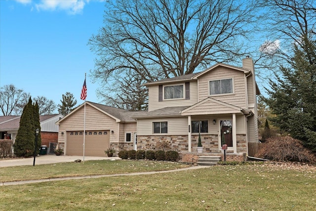 view of front of property featuring a chimney, concrete driveway, an attached garage, a front yard, and stone siding